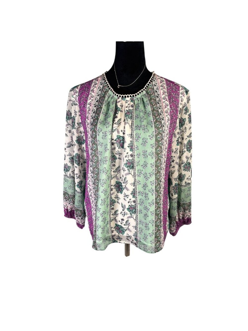 LOFT Petite Boho Floral Tunic Top Mint Lavender Long Sleeve L Large P